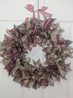 Patriotic Burlap Star & Stripe Wreath - Red, White & Blue